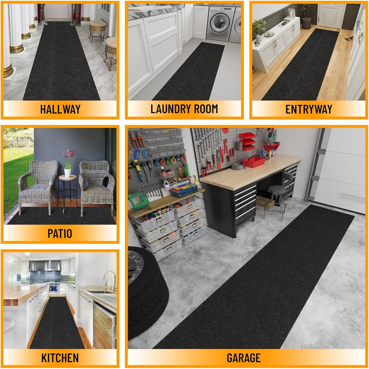 Ottomanson 2' x 37' Hallway Runner with Scraper Pile Extra Durable Non-Slip Rug Mat for Indoor & Outdoor Use - Ideal for Kitchen, Entryway, Patio & Garage - High-Traffic Carpet, Black