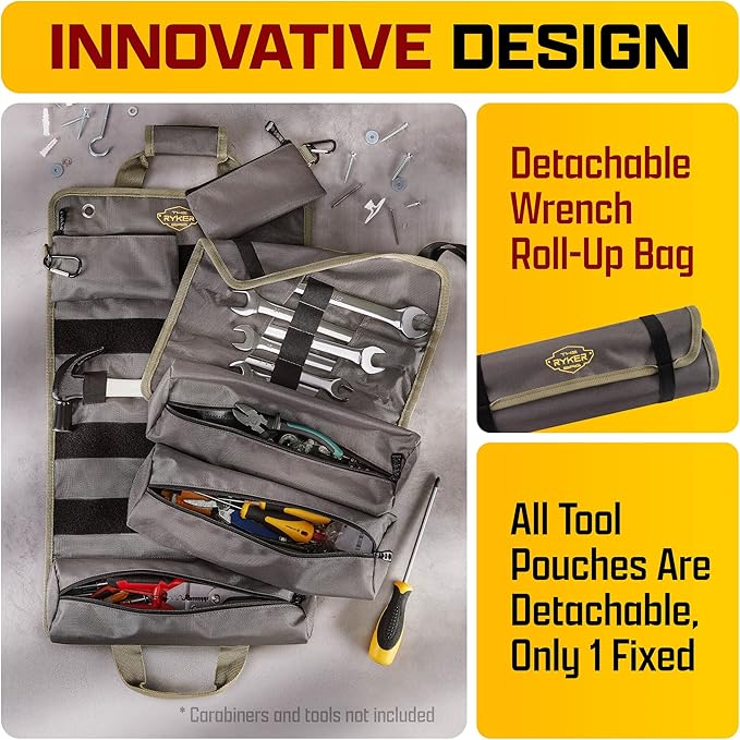 The Ryker PRO Roll Up Tool Bag Organizer - Personalized Customized Name Gifts for Him/Men/Dad Gifts Roll Up Small Tool Bag Organizer Tools Bags gift for Mechanic, Electrician & Hobbyist