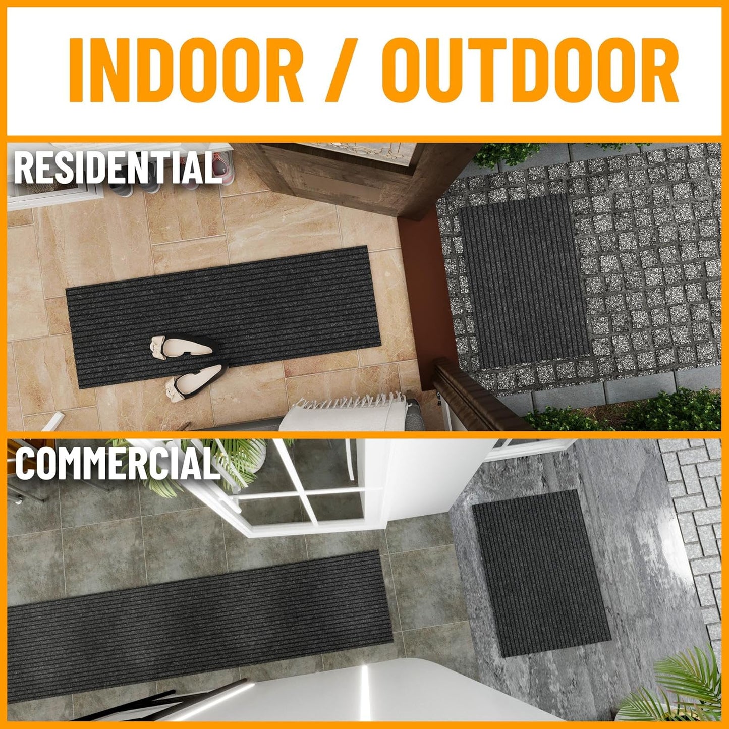 Ottomanson 2' x 8' Hallway Runner with Scraper Pile Extra Durable Non-Slip Rug Mat for Indoor & Outdoor Use - Ideal for Kitchen, Entryway, Patio & Garage - High-Traffic Carpet, Black