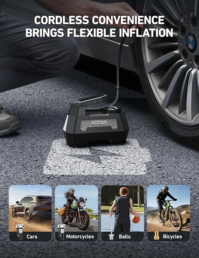 AstroAI H2 Pro Tire Inflator Portable Air Compressor Fully Upgraded Air Pump with DC 12V/Battery Dual Power Supplies Digital Pressure Gauge Fast Inflation Pump for Cars Motorcycles Bikes Balls Gray