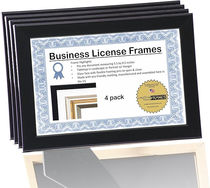 Creative Picture Frames 4-6X9Bk Black Business License Certificate Frames For Professionals 5.5 By 8.5 Inch Self Standing Easel