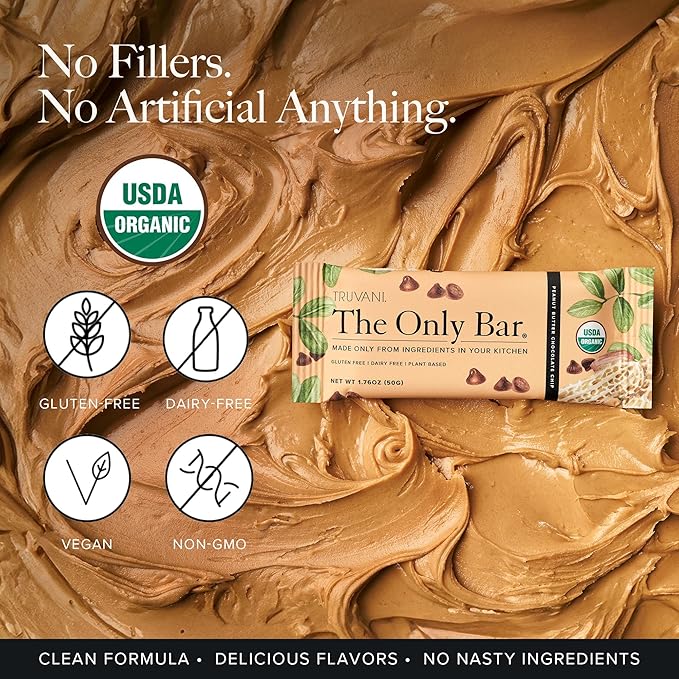 Truvani Plant Based Snack Bars | Peanut Butter Chocolate Chip 1 Pack | 8g Protein | USDA Organic and Vegan | The Only Bar | Dairy, Soy, and Gluten Free | Individually Wrapped
