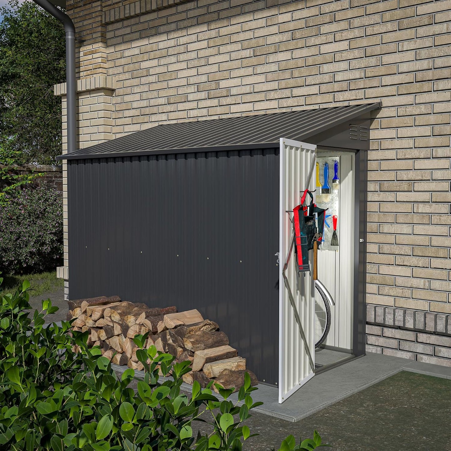 4 x 8 FT Metal Outdoor Storage Shed with Foundation, Lean to Storage Sheds w/Lockable Door and Air Vents, All Weather Waterproof Garden Tool House for Backyard, Patio, Lawn, Black