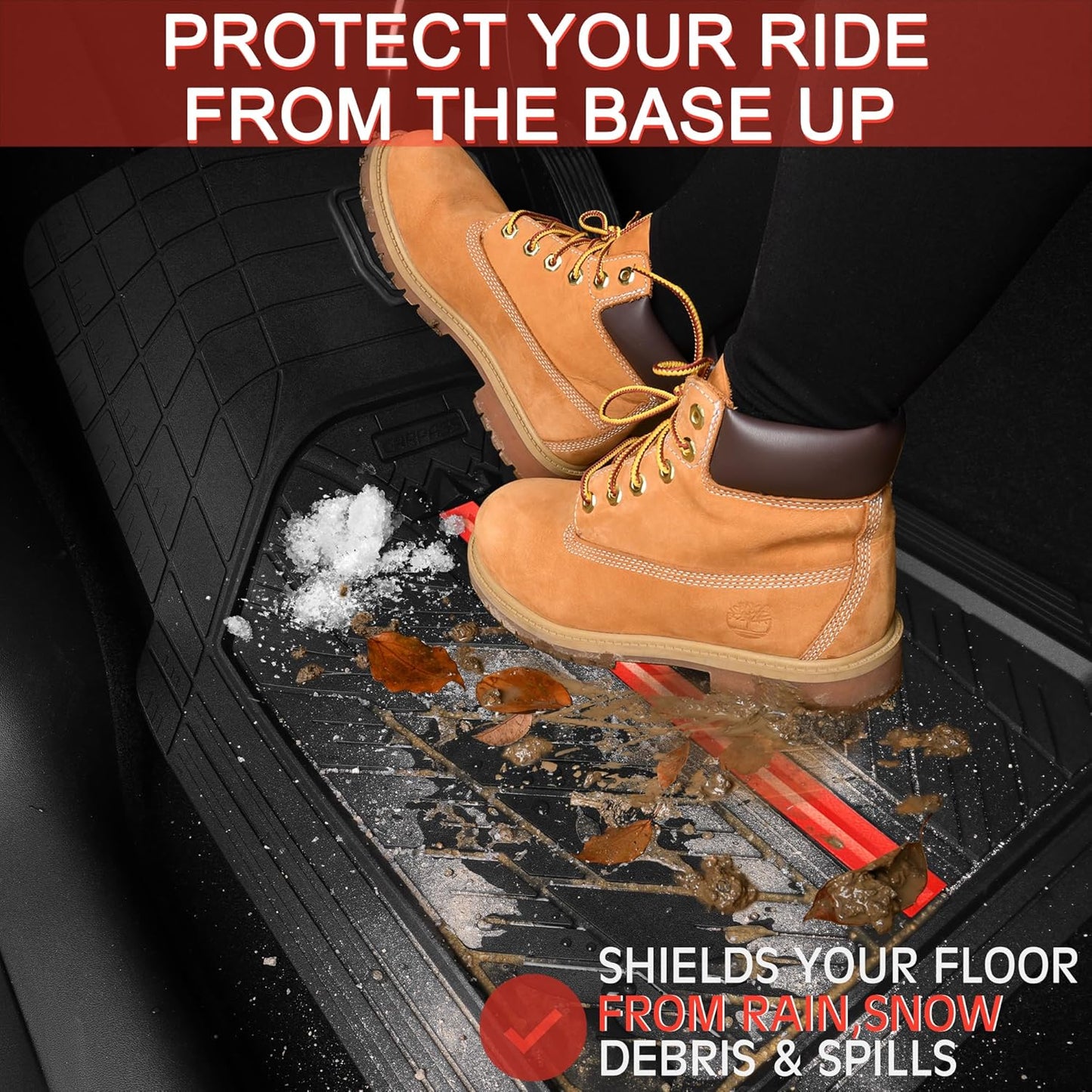 CAR PASS Metal Medium Rubber Floor Mats for Car Heavy Duty Car Mats All Weather, Universal Trim to Fit for Truck SUV Vehicle Automotive Floor Mats, Waterproof Car Mats 4 Piece Black and Red