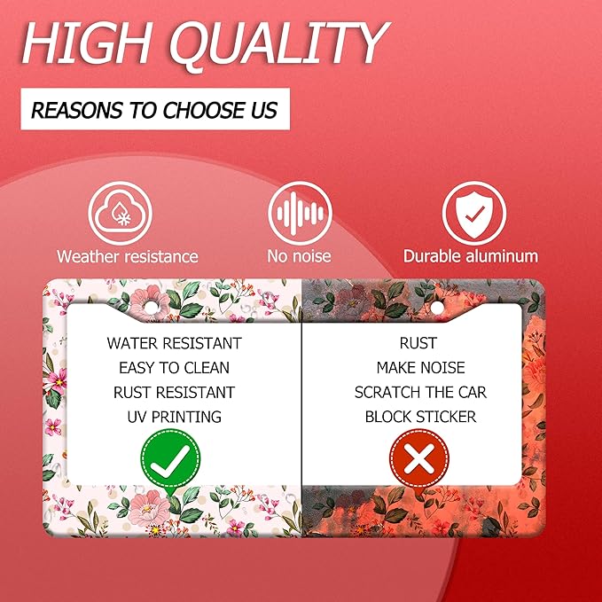 Bright Pink Flowers License Plate Frame Colorful Floral License Plate Frames Funny Auto Accessory Bracket Stainless Steel Cute License Plate for Women 6.3 x 12.3 Inch