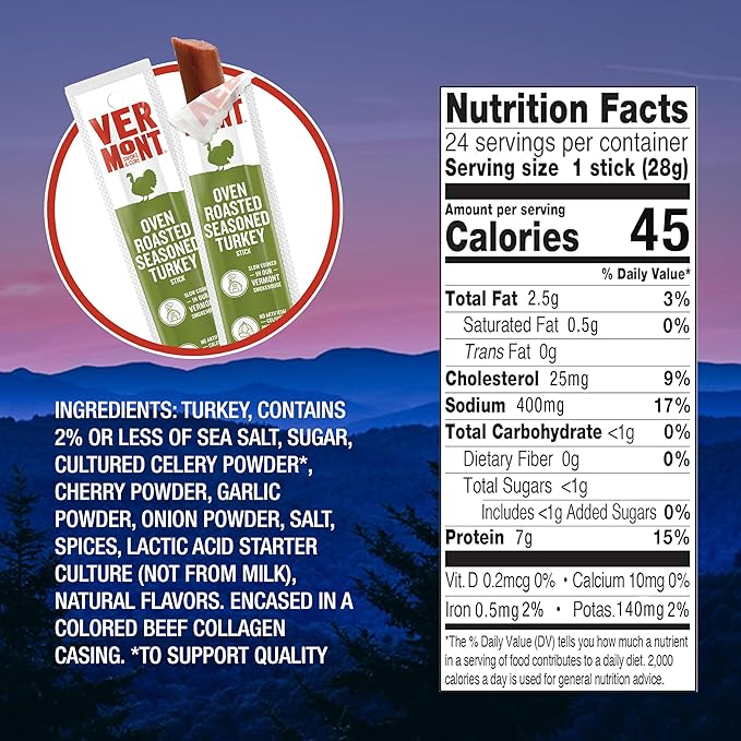 Vermont Smoke & Cure Meat Sticks - Oven Roasted Turkey - Protein Snacks, No Antibiotics or Added Hormones, Hiking Snacks- 1 oz, 24-Pack