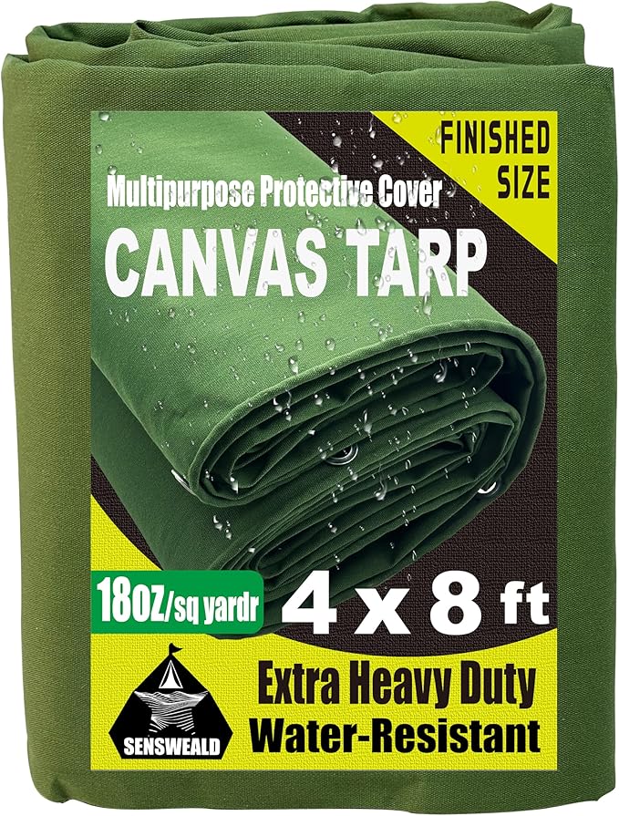 Extra Heavy Duty Canvas tarp 4x8 Feet 18oz Water-Resistant Small Canvas Tarp with Grommets，Tear Resistant, Durable, Multipurpose Protective Green Canvas Covering 32 Mil Thickness