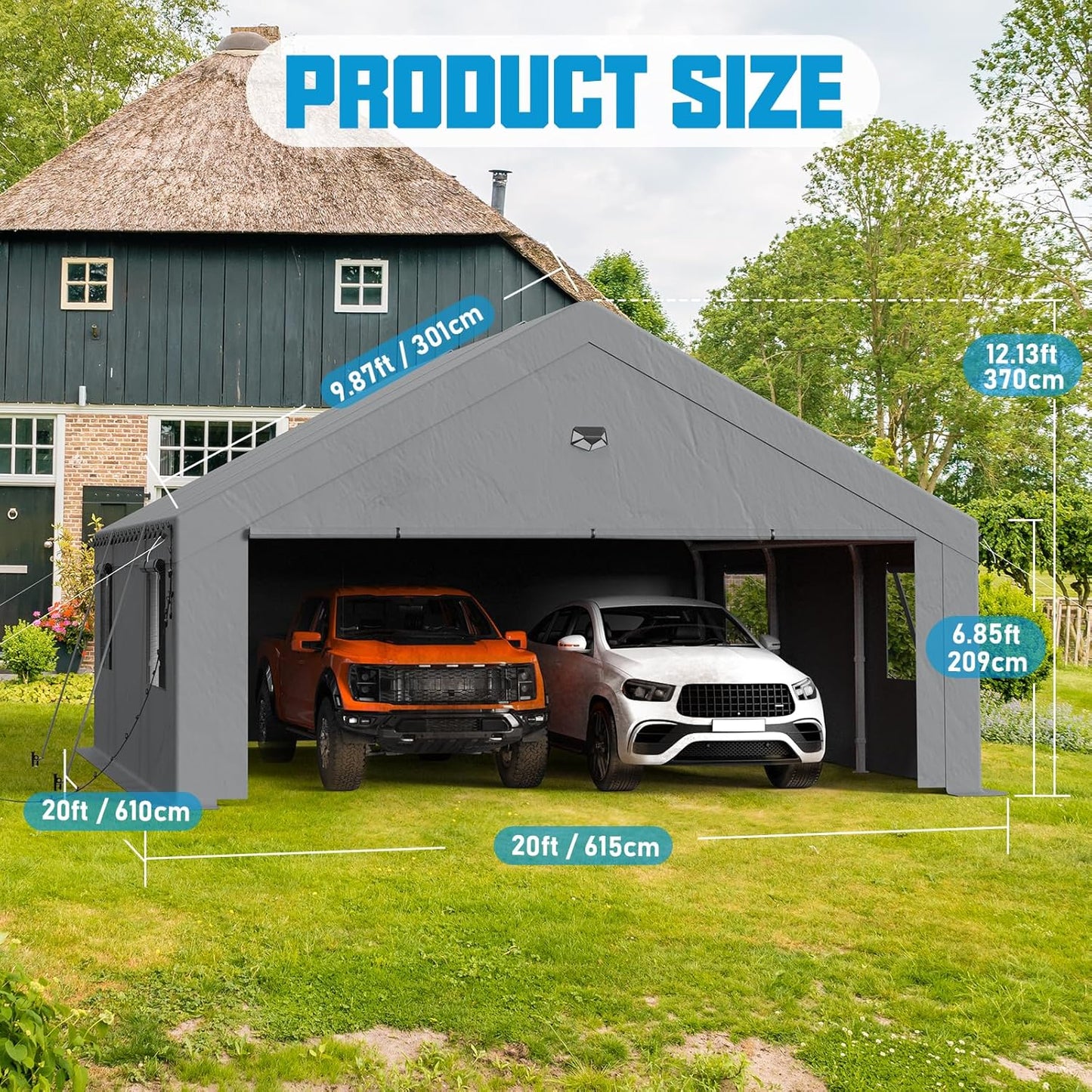 20x20 Carport Canopy, Heavy Duty Car Port, Portable Car Ports Garage with 2 Roll-Up Zipper Drive Through Doors, Grey