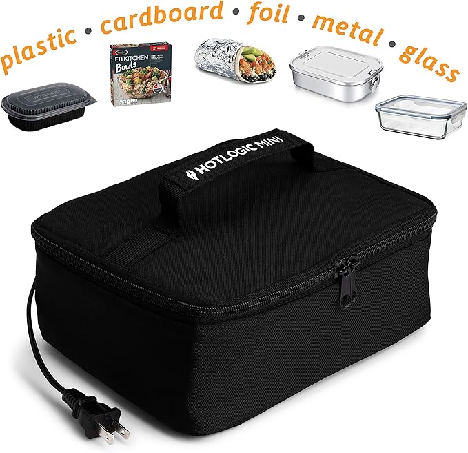 HOTLOGIC Mini Portable Electric Lunch Box Food Heater with Glass Container - Food Warmer and Heated Lunch Box for Adults Car/Home - Cook, Reheat, and Keep Your Food Warm - BLACK - 120V