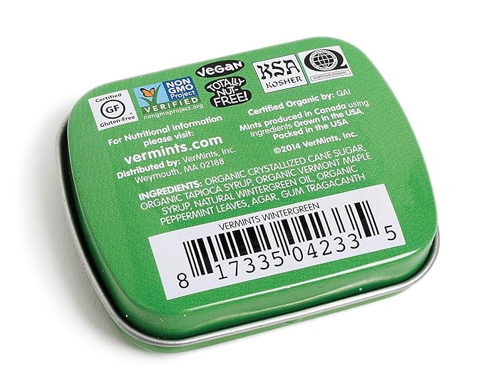 VerMints Organic Breath Mints Wintergreen - Real Long-Lasting Refreshment, Travel Size Tin - Non-GMO, Vegan, Nut Free, Gluten Free & Kosher Organic Candy Mints- .63oz/18g Tins (Pack of 12)