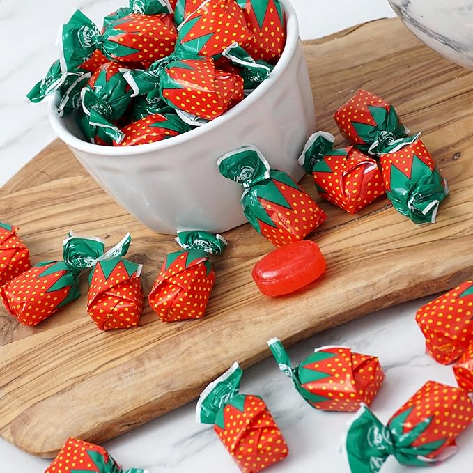 Arcor Strawberry Bon Bons Hard Candy, 2 Pound (Approx. 150 pcs.), Arcor Strawberry Candy Individually Wrapped, Strawberry Candies, The Hampton Popcorn & Candy Company