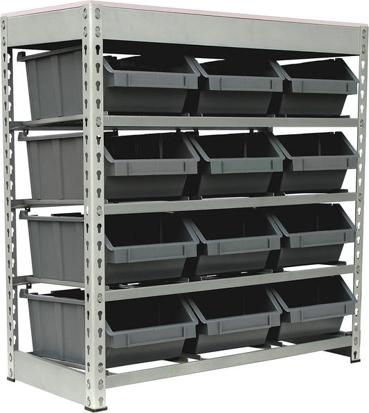 King's Rack Bin Rack Boltless Steel Storage System Organizer w/ 12 Plastic Bins in 4 Tiers