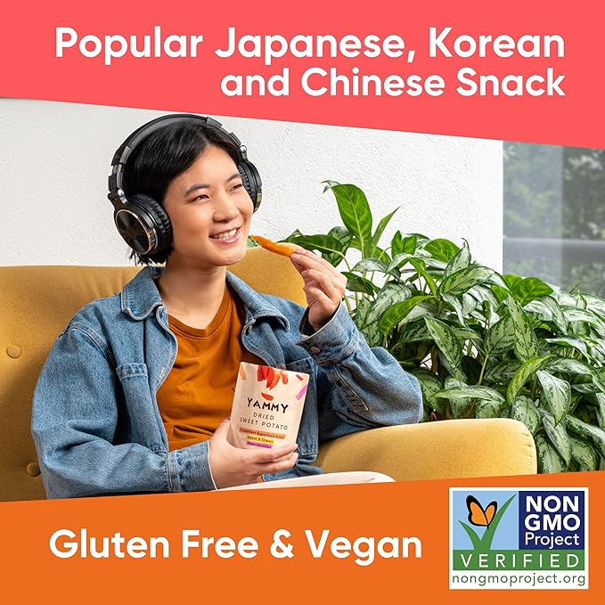 Yammy Dried Sweet Potato Sticks (Pack of 18), 1 Ingredient Superfood Snack, Healthy, 3g Protein, Asian Korean Chinese Japanese Food, Individually Wrapped Snacks For Humans, People, Gluten Free, Vegan