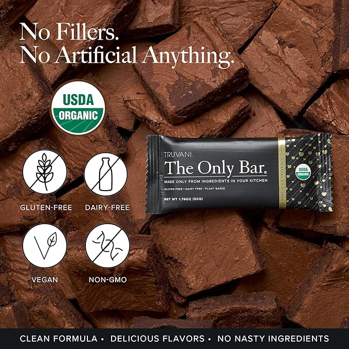 Truvani Plant Based Snack Bars | Chocolate Brownie 1 Pack | 7g Protein | USDA Organic and Vegan | The Only Bar | Dairy, Soy, and Gluten Free | Individually Wrapped
