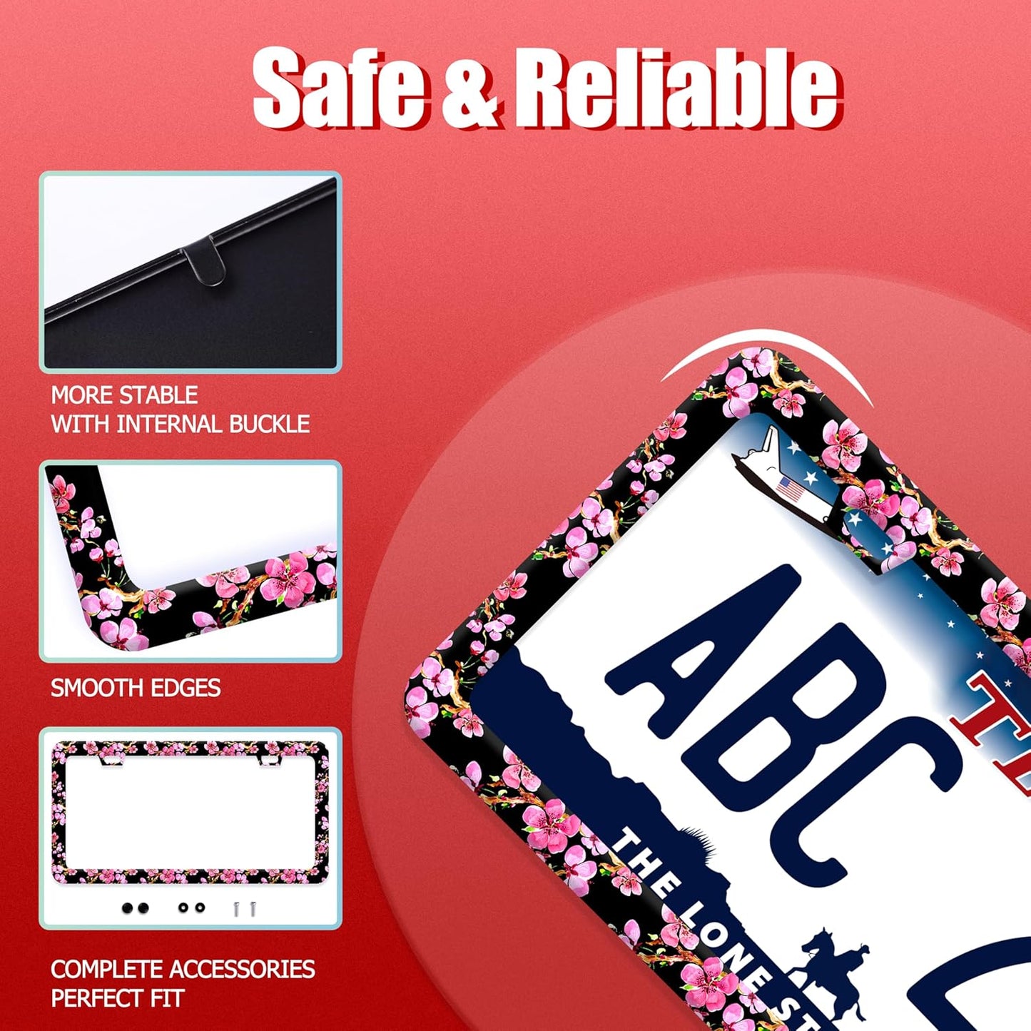 Cherry Blossom License Plate Frame Pink Flowers License Plate Frames Funny Stainless Steel Accessories Cars Decor with 2 Holes and Screws Fits Standard Us Ca Vehicles License Plate Holder 12.2 X 6 in