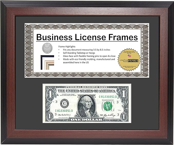 Creative Picture Frames 11Ss-B Mahogany First Dollar Frame With Business License, 3.5X8.75 License Including Self Standing Easel And Wall Hanger