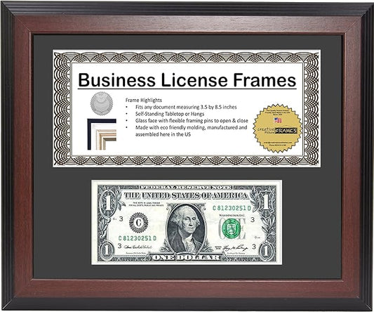 Creative Picture Frames 11Ss-B Mahogany First Dollar Frame With Business License, 3.5X8.75 License Including Self Standing Easel And Wall Hanger