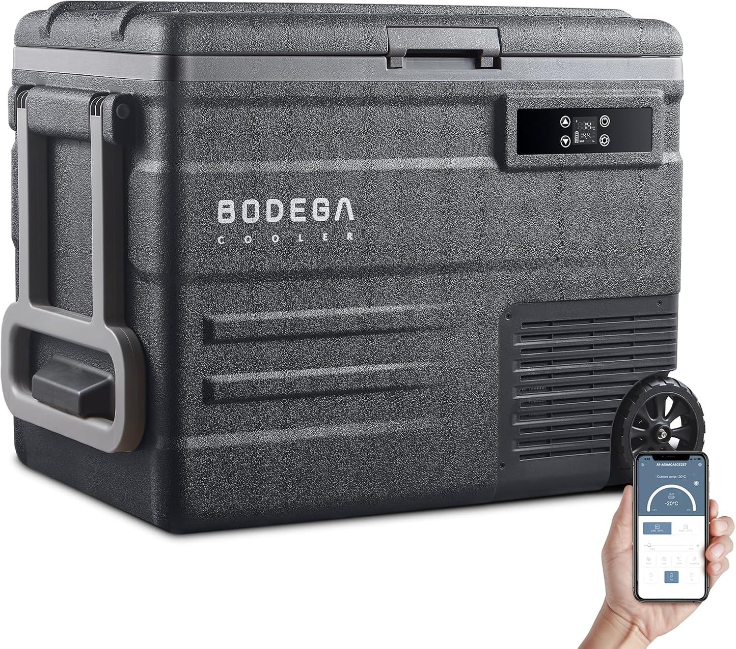 BODEGACOOLER 12 Volt Car Refrigerator,58QT(55L) Car Fridge with Wheels,RV Portable Freezer Single Zone,with APP Control,-4℉-68℉ Car Cooler,12/24V DC & 100-240V AC,for Travel,Camping,Outdoor,Vehicles