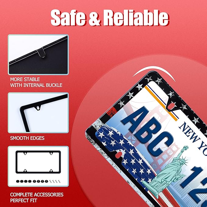 2pcs Thin Red Line American Flag License Plate Frame Firefighter License Plate Holder Retro Stainless Steel Auto Parts Decoration Fits U.S. Canadian Standard 4 Hole for Men Women