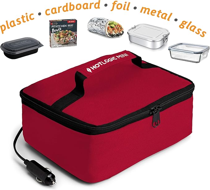 HOTLOGIC Mini Heated Lunch Box with Glass Container - Portable Electric Food Warmer for Men and Women - Great for Work, Office, and Construction - Cook, Reheat, and Eat on the Go - 12V - Red