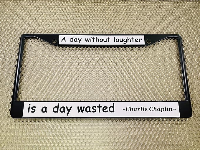 Custom Personalized Black Powder-Coated Metal Laser Engraved Standard Size - Car/Automobile License Plate Frame with Free caps - White/Black Text (Qty: 1 Frame)