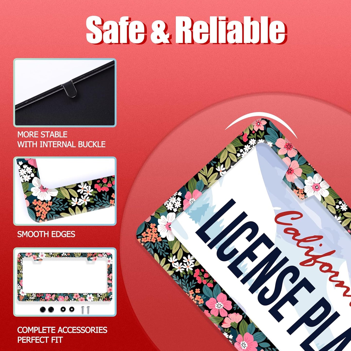 Folk Art Flowers License Plate Frame Beautiful Floral License Plate Holder Funny Personalise Car Stainless Stee Decorative Parts for Standard Us Canada Vehicles 12x6 Inch for Women Men