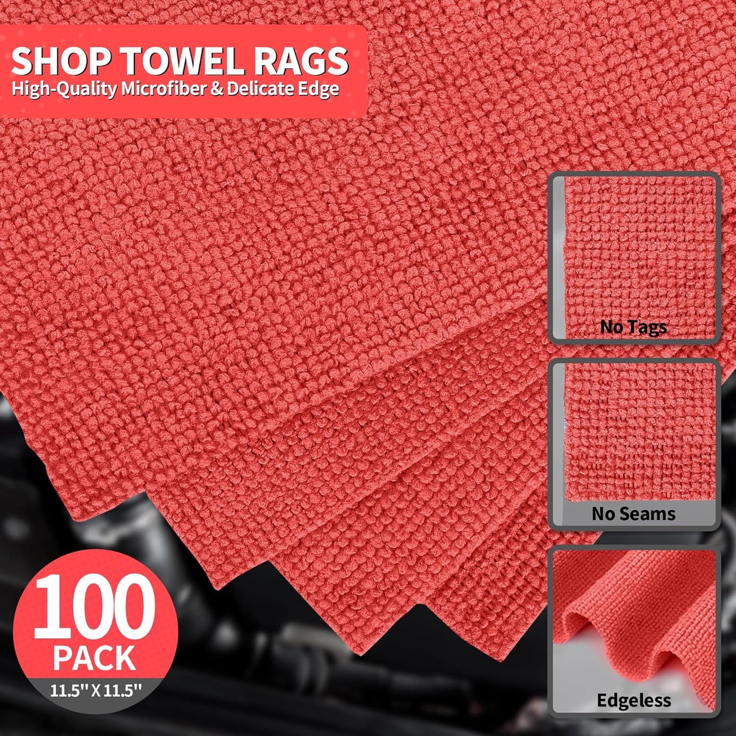 HOMERHYME Shop Towels Rags, 100 Pack Microfiber Cleaning Cloth Bulk Absorbent Detailing Rags, Lint-Free Microfiber Towels for Cars, Mechanic, Shop, Garage & Housekeeping 11.5"*11.5" Red