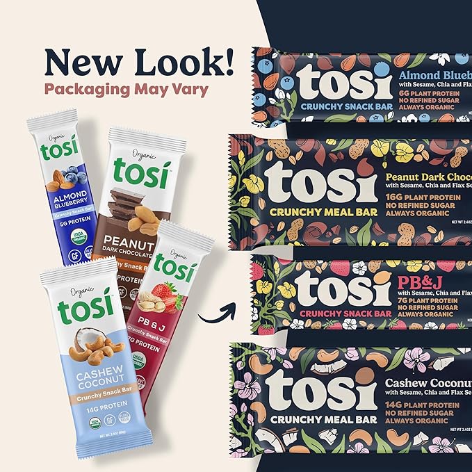 Tosi Cashew Protein Bars, Plant Based with Nuts, Gluten-Free Crunchy Snacks, Vegan, Organic, Flax & Chia Seeds, Soy-Free, Omega 3s, 5G Protein, 1 oz, 12-Pack