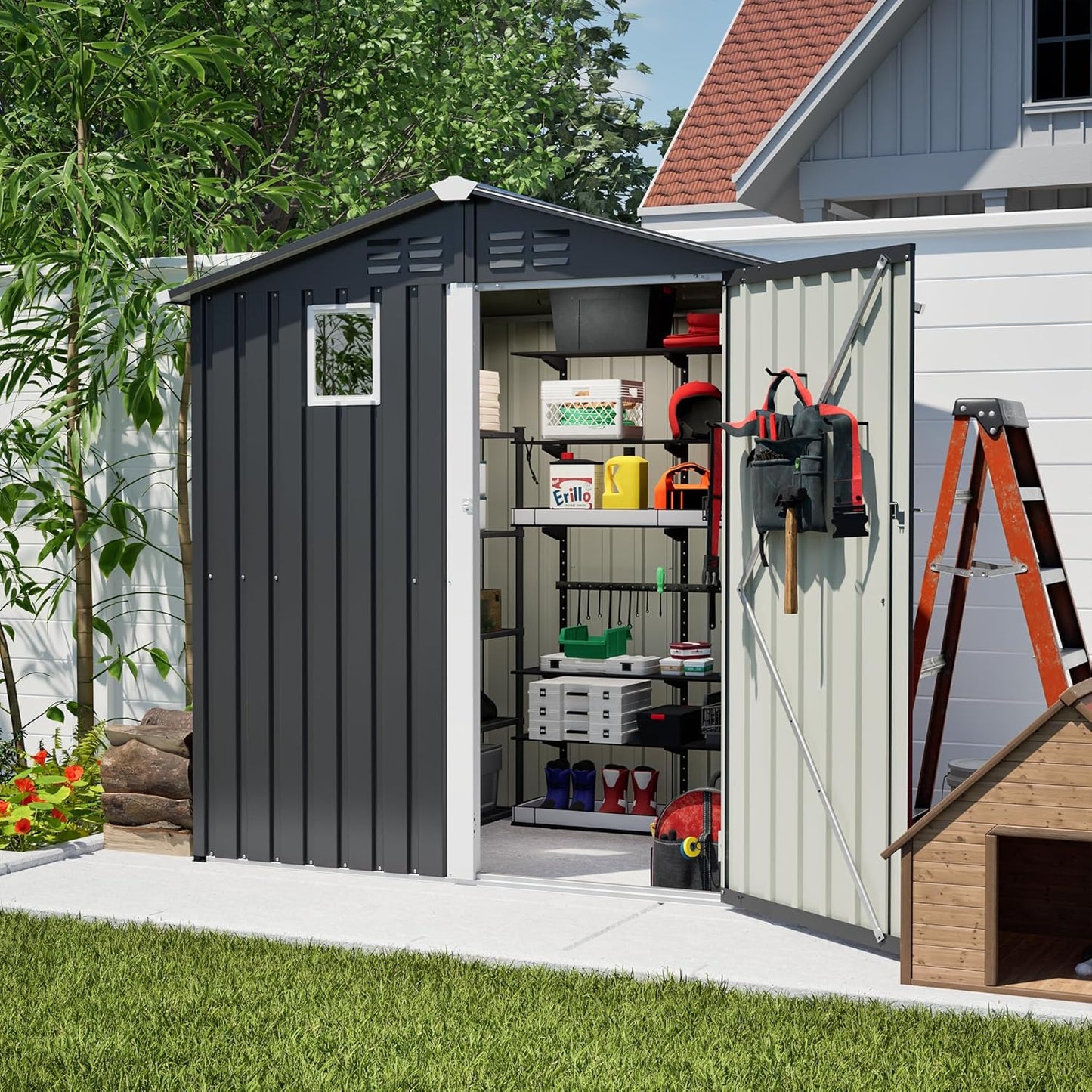 6x4 FT Outdoor Storage Shed,Metal Shed with Window,Garden Shed W/Dual Air Vents & Lockable Sliding Door,All Weather Waterproof Tool House W/Sloped Roof,for Patio,Yard,Lawn,Black
