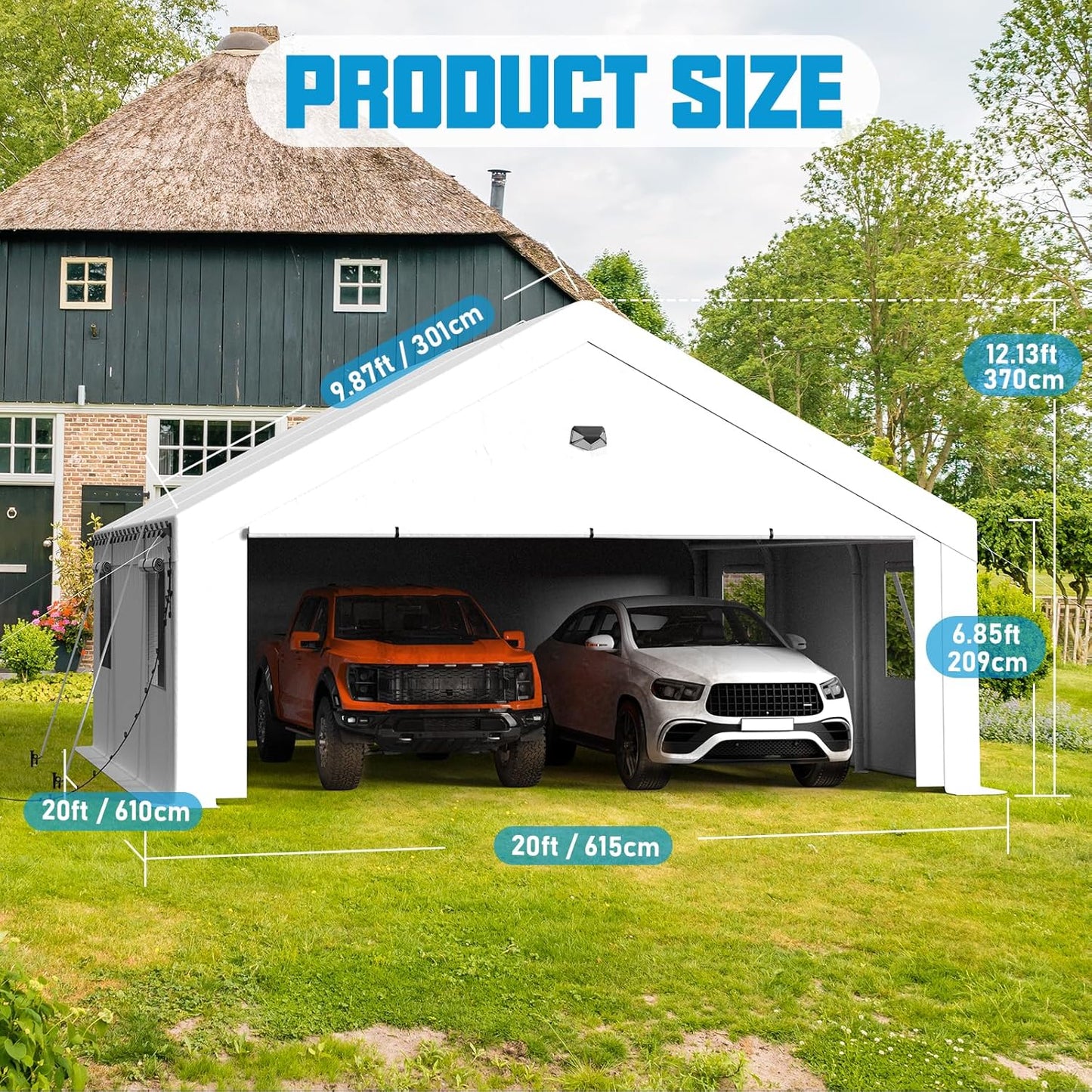 20x20 Carport Canopy, Heavy Duty Car Port, Portable Car Ports Garage with 2 Roll-Up Zipper Drive Through Doors, White