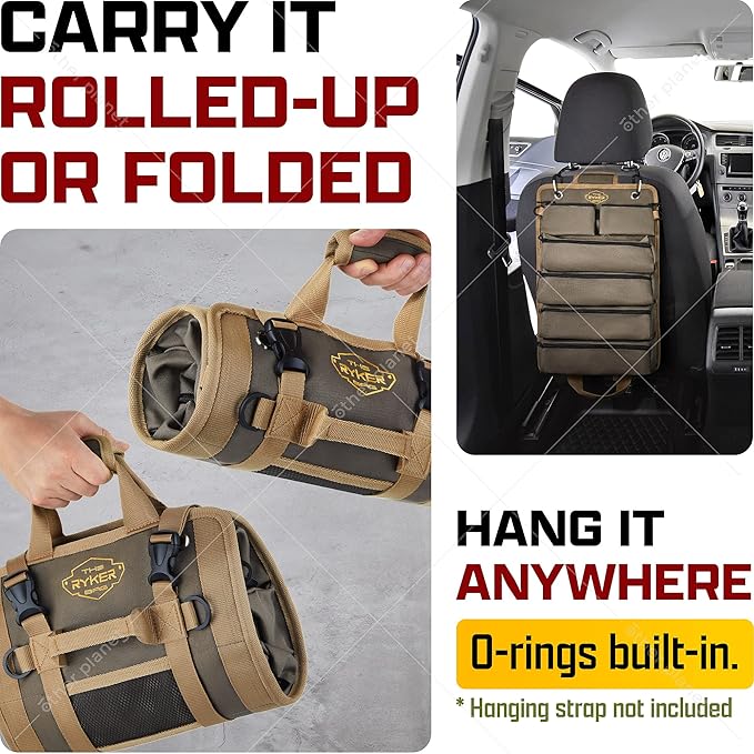 The Ryker Roll Up Tool Bag Organizer Gifts for him (2-pack) Heavy Duty Small Motorcycle Tool Roll Bag Organizer Portable Rollup Toolbag w/Detachable Pouches Mens gifts for Dad, Mechanic & Hobbyist