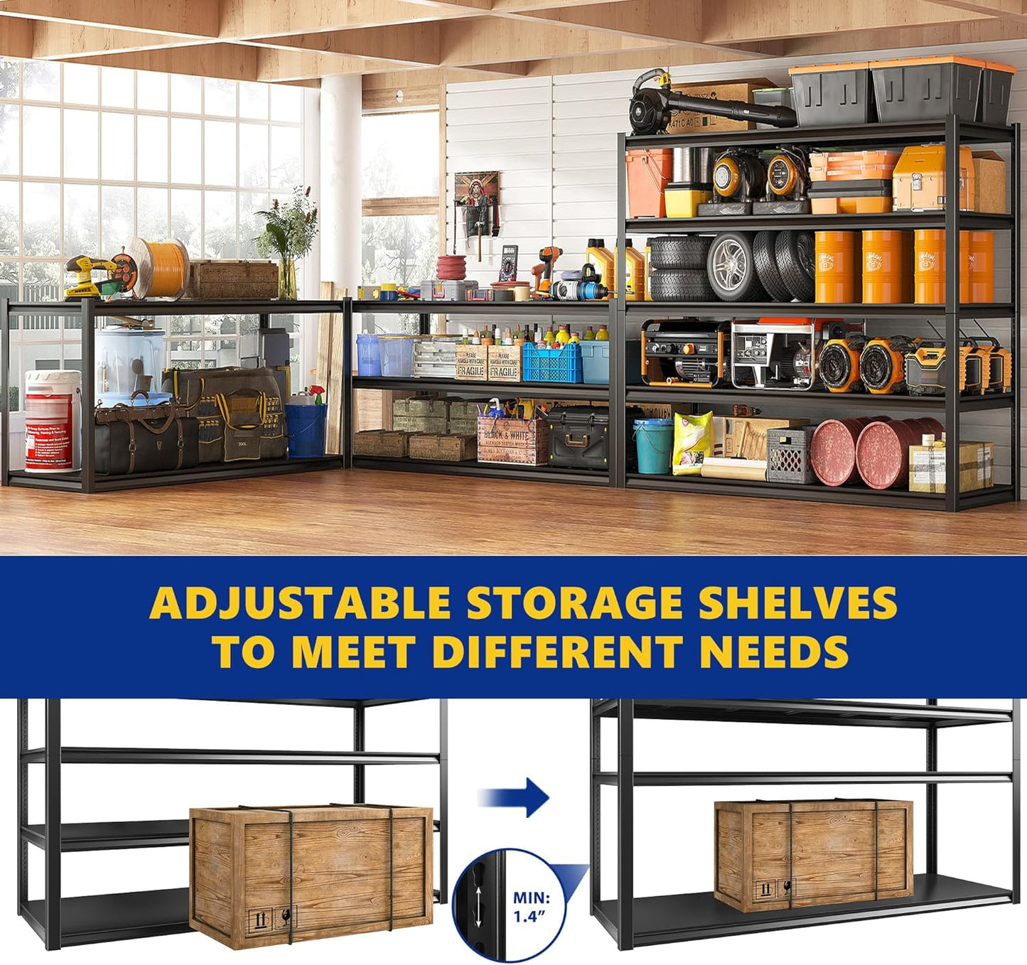 REIBII Garage Shelving 48.2" W Storage Shelves 3000LBS Heavy Duty Shelving Adjustable Metal Shelf Industrial Pantry Shelves for Basement Garage Warehouse 72.2" H x 24.2" D x 48.2" W, 2 Pack