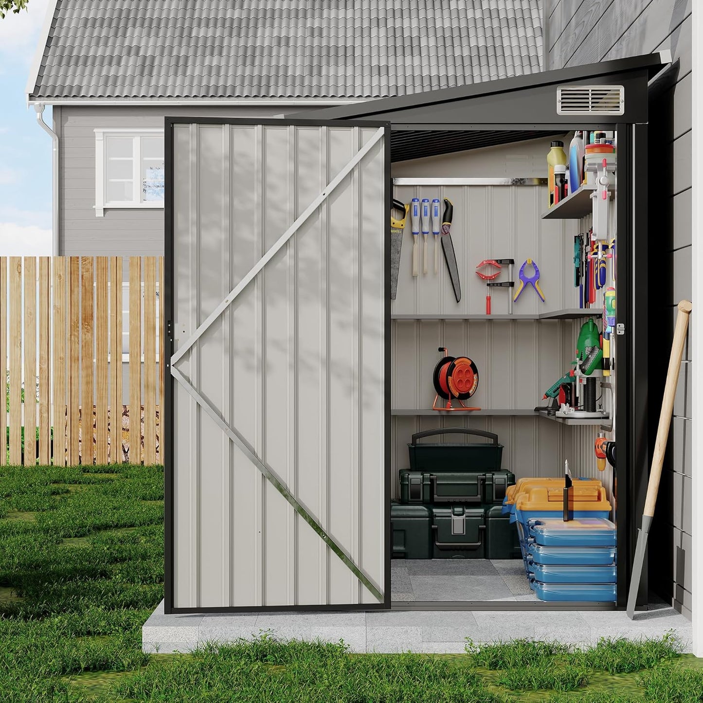 4×8 FT Lean to Storage Shed, Heavy-Duty Outdoor Metal Storage Shed, Garden Tool Metal StorageHouse W/Lockable Door and 2 Air Vents