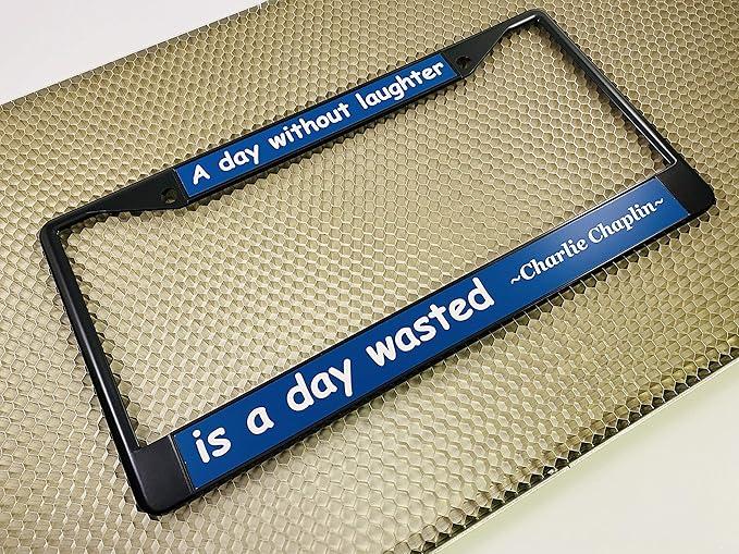 Custom Personalized Black Powder-Coated Metal Laser Engraved Standard Size - Car/Automobile License Plate Frame with Free caps - Blue/White Text (Qty: 1 Frame)