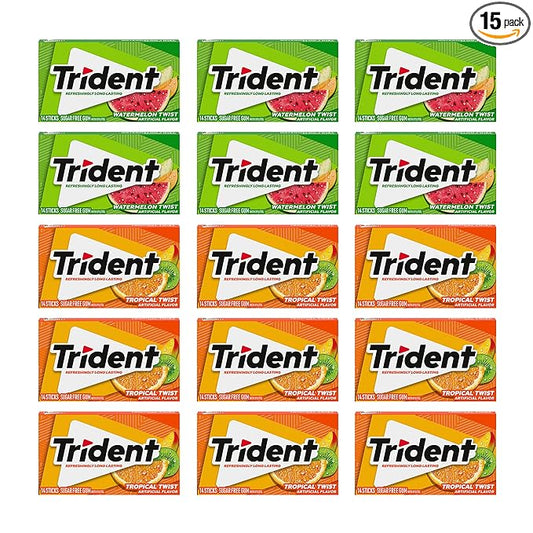 Trident Sugar-Free Chewing Gum Variety Pack Candy, Watermelon Twist & Tropical Twist Flavor, Bulk, 15 Packs of 14 Pieces (210 Total Pieces)