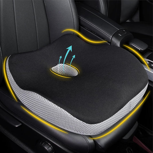 Car Seat Cushion, Ergonomic Memory Foam Car Cushion for Sciatica Pain Relief, Larger Driving Seat Pillow for Short Drivers on Long Drives - Butt Pillow for Truck, Office, Wheelchair - Black&Gray