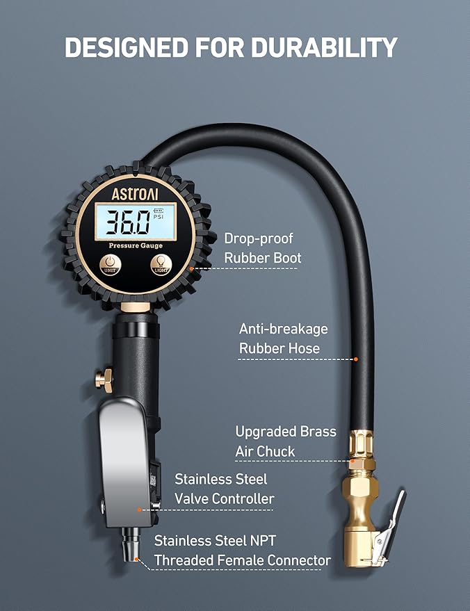 AstroAI Digital Tire Pressure Gauge with Inflator(3-250 PSI 0.1 for Display Resolution), Heavy Duty Air Chuck and Compressor Accessories with Rubber Hose and Quick Connect Coupler, White