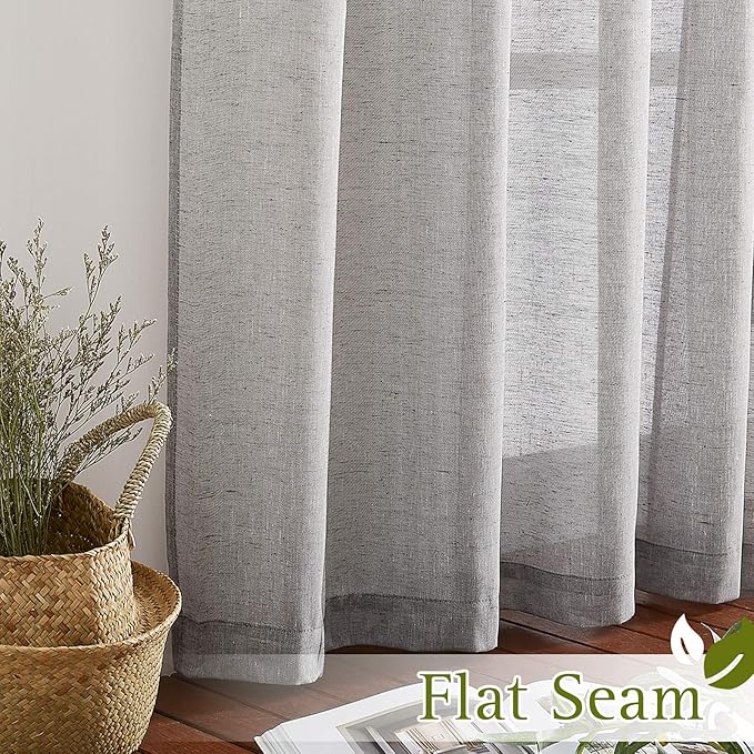 NICETOWN Linen Curtains Charcoal Grey for Cold Wind, Grommet Casual Flax Semi Sheer Window Drapes with Light Filtering for Farmhouse/Living Room, W52 x L90, Set of 2
