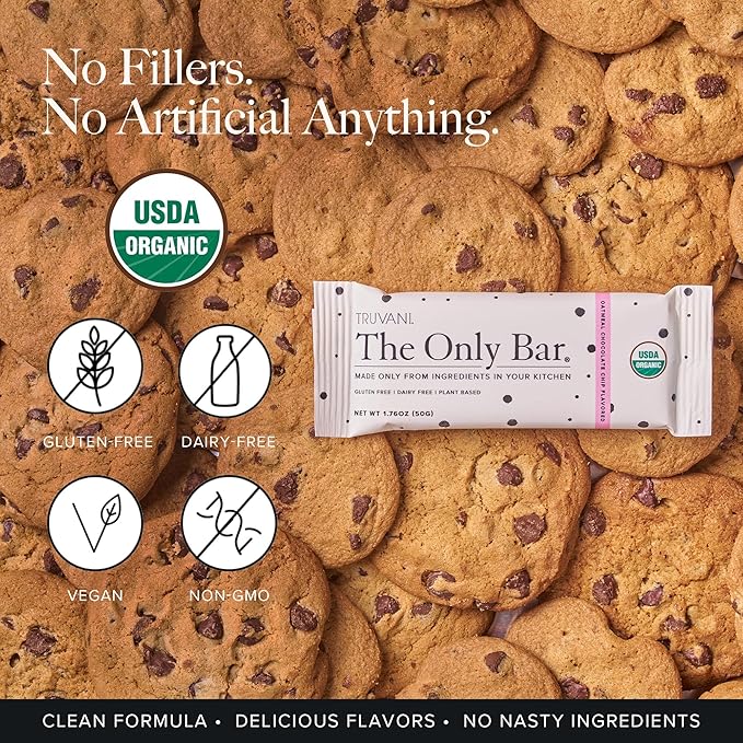 Truvani Plant Based Snack Bars | Oatmeal Chocolate Chip 12 Pack | 6g Protein | USDA Organic and Vegan | The Only Bar | Dairy, Soy, and Gluten Free | Individually Wrapped