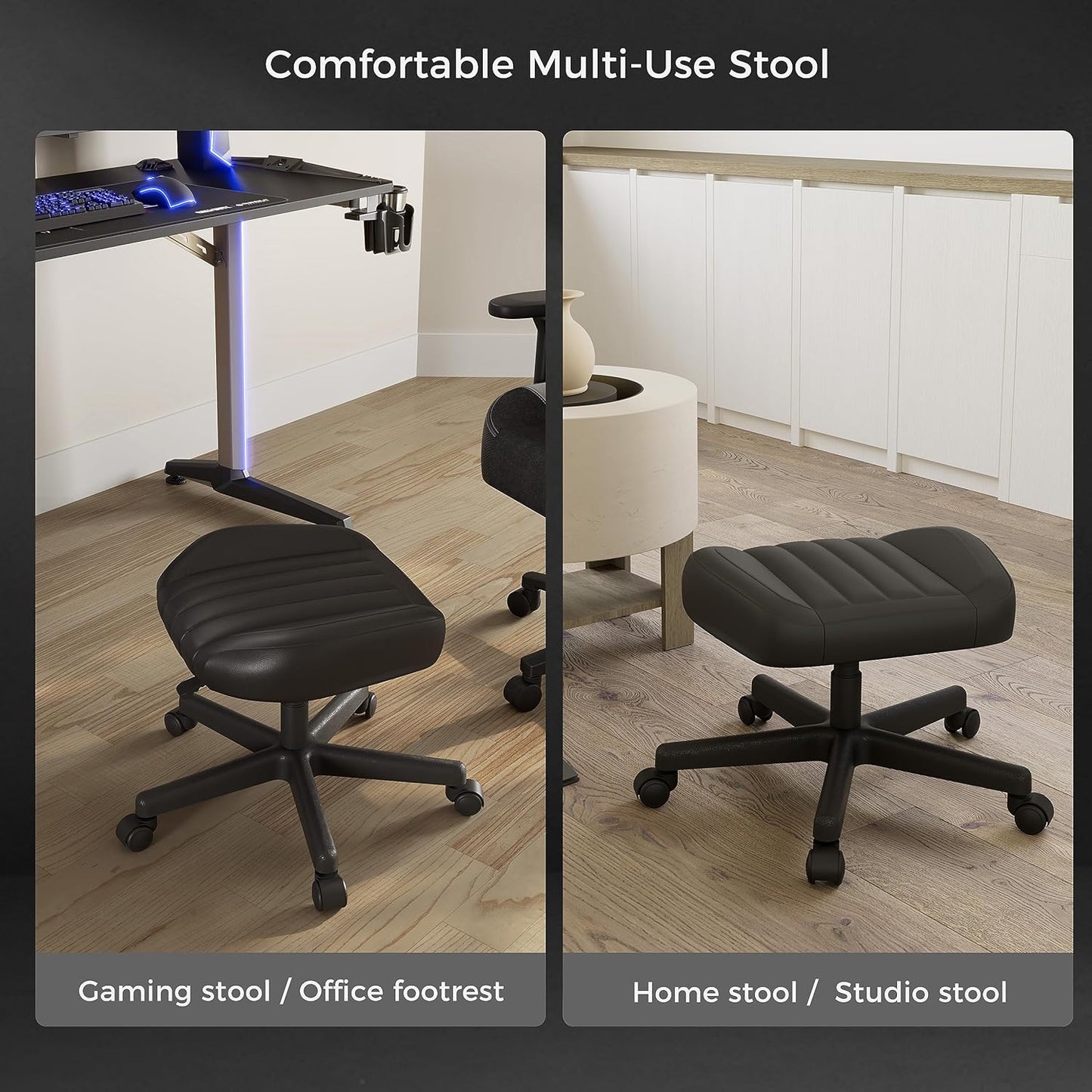 EUREKA ERGONOMIC Multi-Use Stool, Height Adjustable Swivel Rolling Stool Chair W Wheels, Ottoman Footrest for Gaming, Home Office, Black