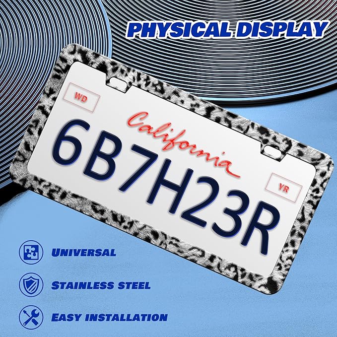 2 Pcs Grey Black Leopard Print License Plate Frame Cheetah License Plate Frames Personalise Stainless Steel Funny Design Compatible with Standard License Plate Holder for USA Canada 6 X 12 Inch