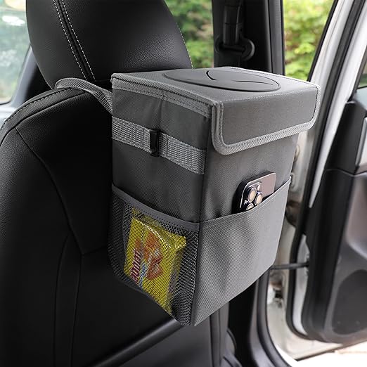 Car Garbage can with lid Leak Proof Vehicle Trash Can 3 Storage Pockets Hanging Waterproof car Trash Bag for SUV Grey