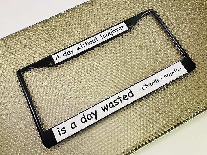 Custom Personalized Black Powder-Coated Metal Laser Engraved Standard Size - Car/Automobile License Plate Frame with Free caps - White/Black Text (Qty: 1 Frame)