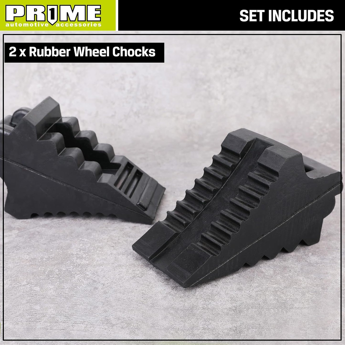 PR1ME Heavy Duty Rubber Wheel Chocks, Rubber Tire Blocks, RV Solid Rubber Wheel Wedge Blocks, 2 Pack Black 8.6" x 3.7" x 4.7", Carrying Handle, for Travel Trailer, Camper, RV, Truck