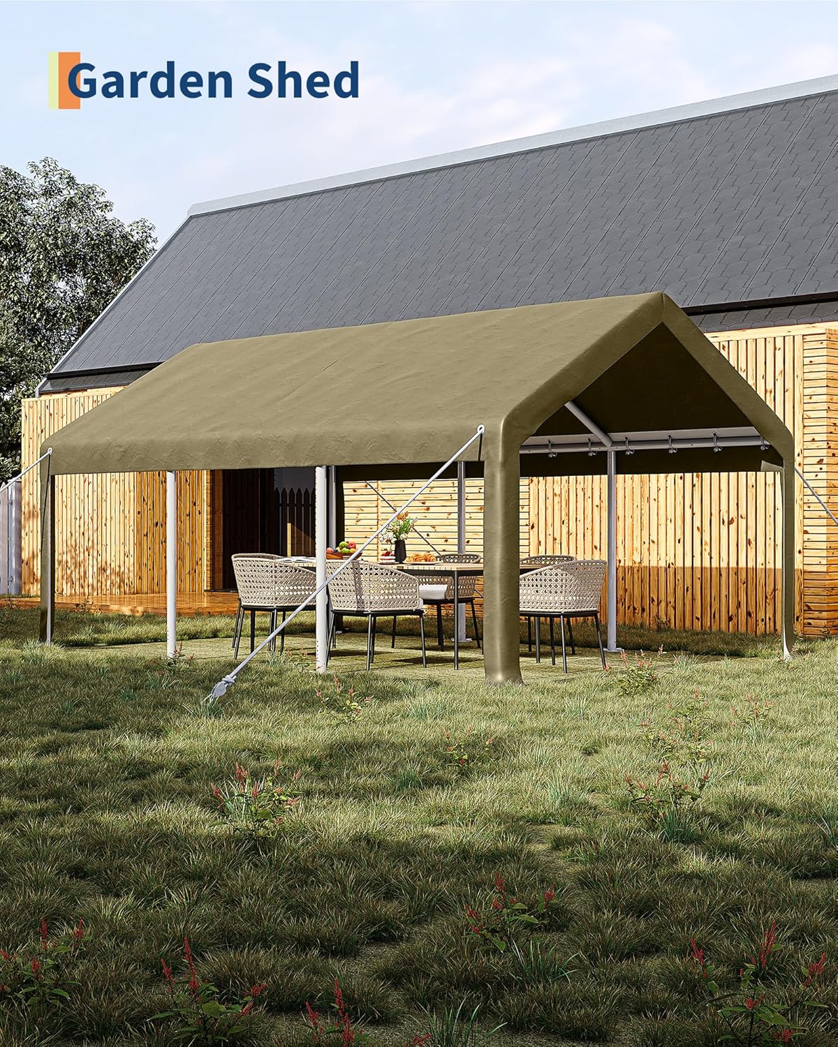 13x20 Ft Carport with 8 Sandbags, Car Port with 220g PE Tarp, 2 Roll-Up Doors, and 4 Windows, for Full-Size Pickups, Bass Boats, Tractors, and SUVs, Khaki