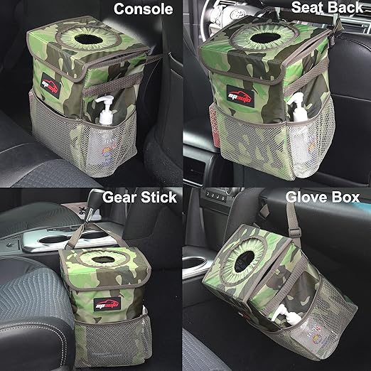 EPAuto Waterproof Car Trash Can with Lid and Storage Pockets, Camouflage Green