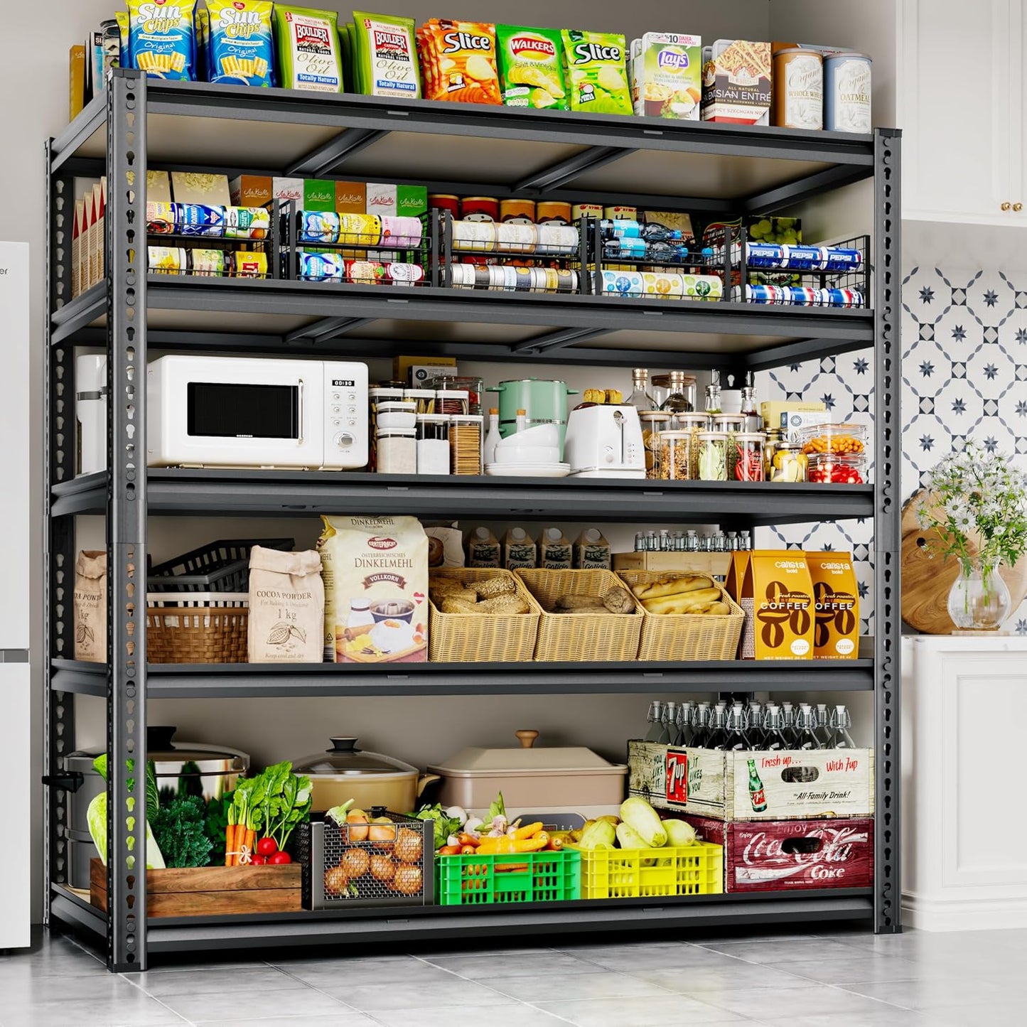 48"W Garage Shelving, 2650LBS Storage Shelves heavy duty, 5 Tier Metal Shelving Unit Adjustable Garage Shelves Heavy Duty Shelving for Warehouse,Commercial, Kitchen, 48" W × 24" D × 72" H, Black