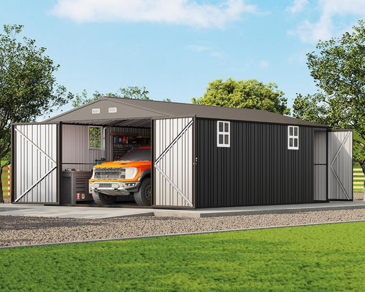 Jocisland 13.2x20.7x8 FT Heavy Duty Carport, Metal carport with 2 Lockable Doors & 4 Windows, Carport Canopy for for Truck, Car, Garbage Can, Tool, Lawnmower, Grey