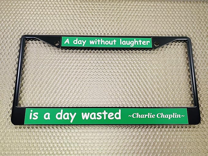 Custom Personalized Black Powder-Coated Metal Laser Engraved Standard Size - Car/Automobile License Plate Frame with Free caps - Green/White Text (Qty: 1 Frame)