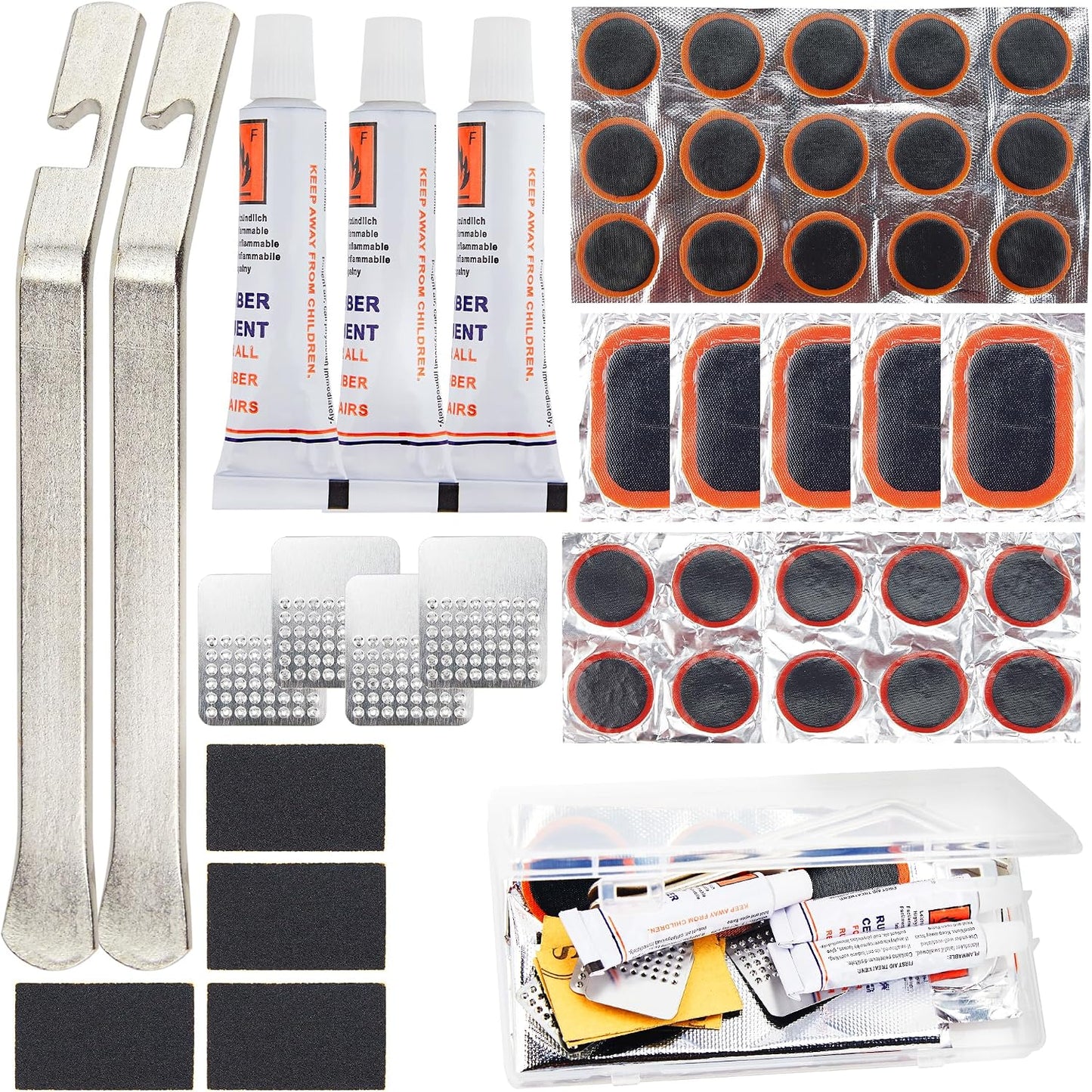 DDJ Bike Tire Repair Kit 43 PCS, Bicycle Inner Tube Puncture Patch Kits with 30 PCS Vulcanizing Parches, Metal Tire Lever & Rasp, Portable Bike Tire Patch Kit for MTB, Road Bike,Parches Para Bicicleta